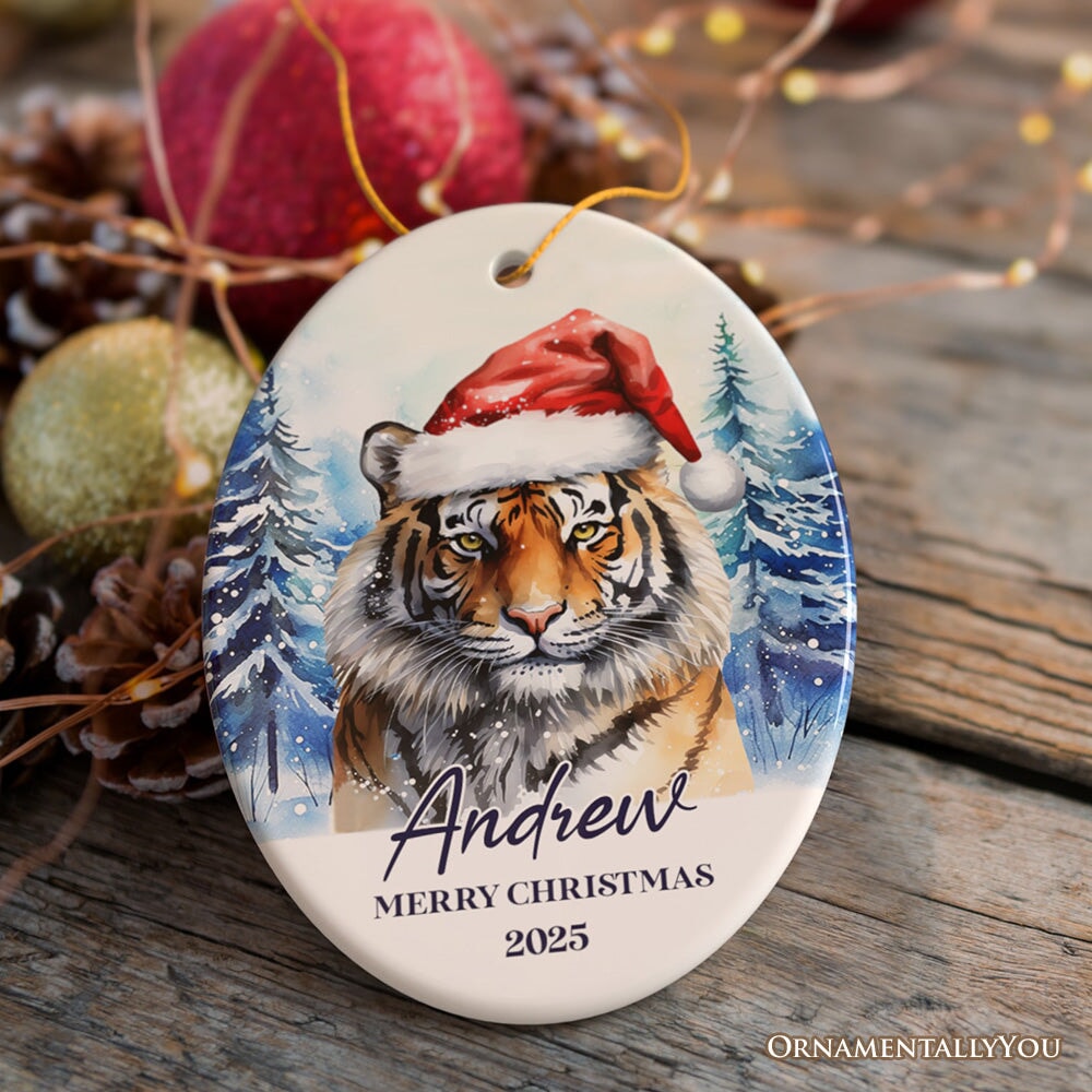 Tiger with Santa Hat Personalized Ornament, Winter Forest Christmas Gift With Custom Name and Date