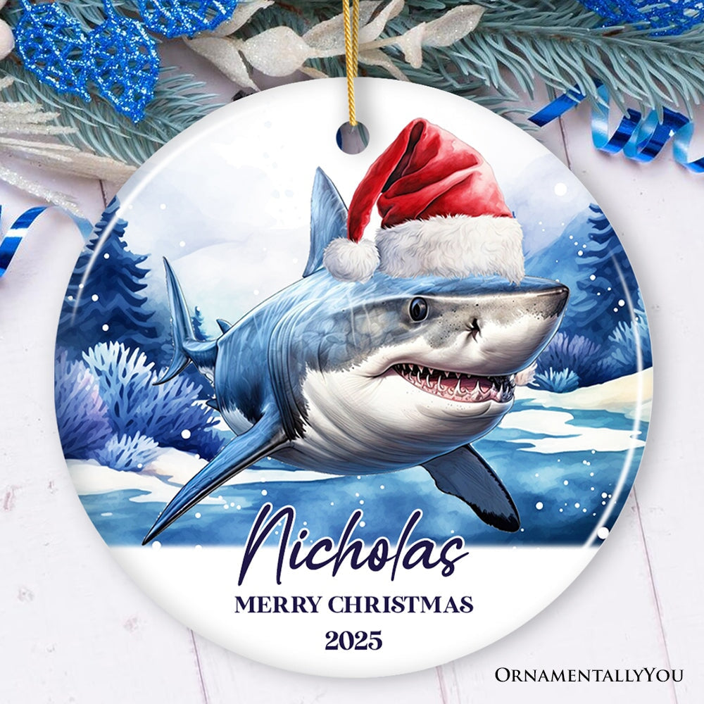 Shark with Santa Hat Personalized Ornament, Festive Christmas Gift With Custom Name and Date