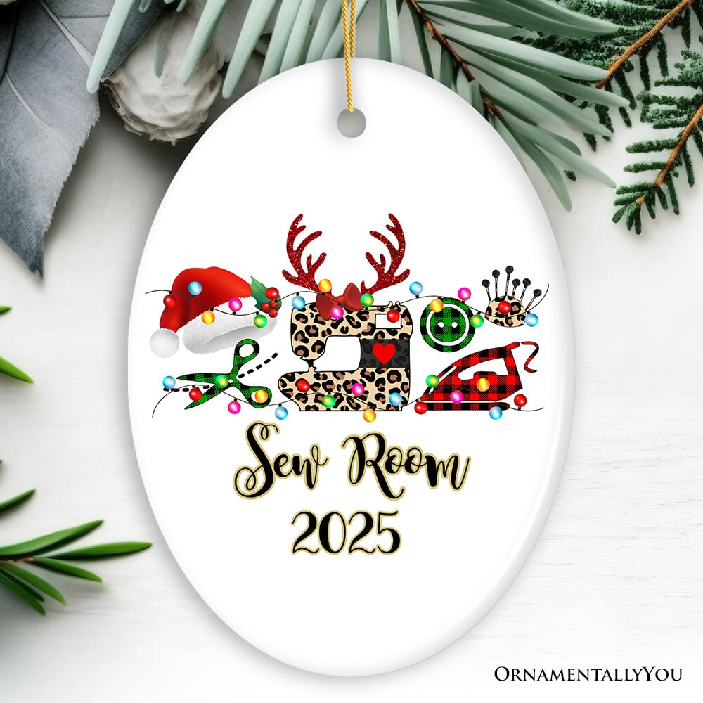 Personalized Sewing Buffalo Plaid Leopard Merry Christmas Ornament, Clothing Stylist Gift