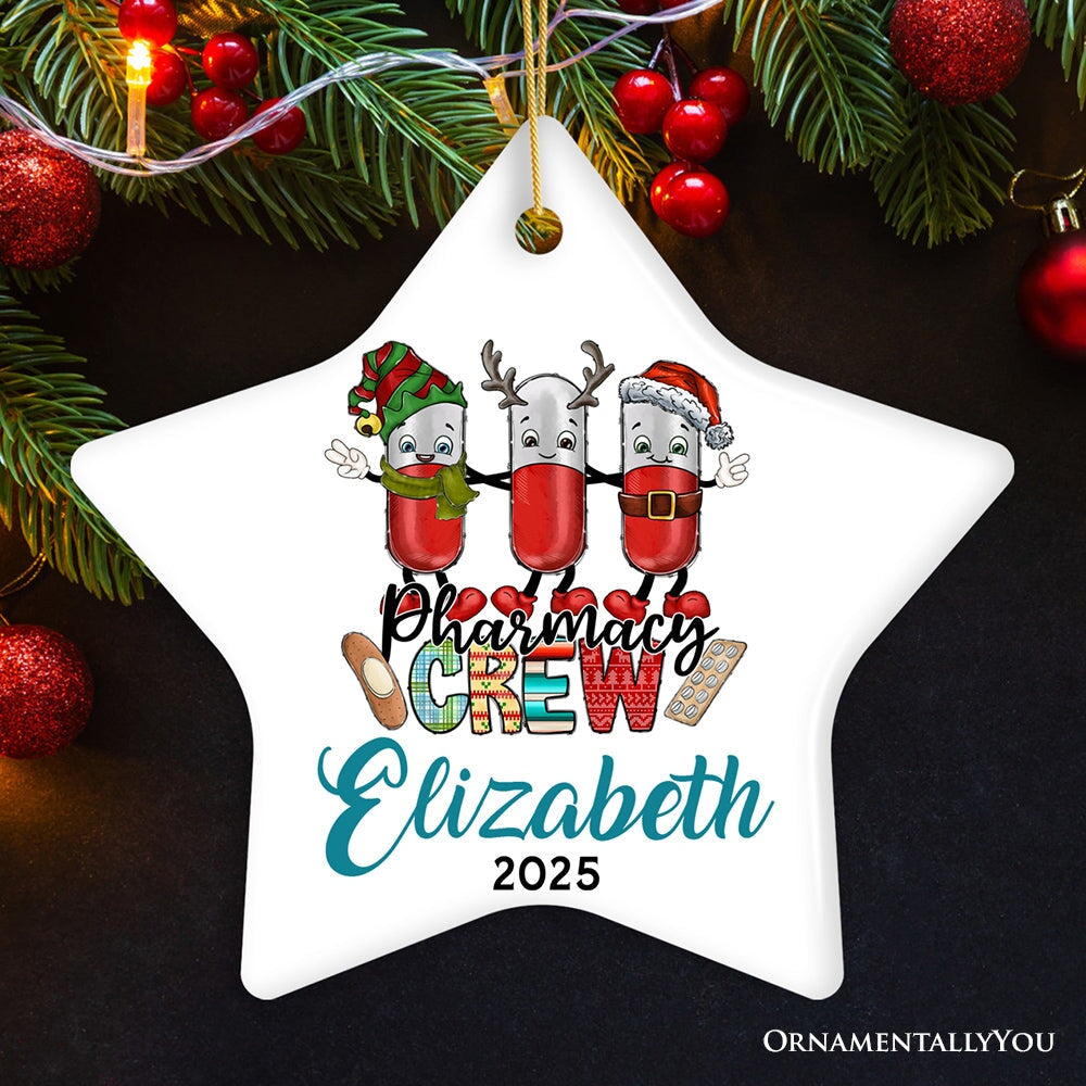 Playful Personalized Pharmacist Crew Christmas Ornament, Customized Gift for Pharmacy with Pills