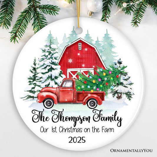 First Christmas on The Farm Personalized Ornament, Red Truck Housewarming Family Gift