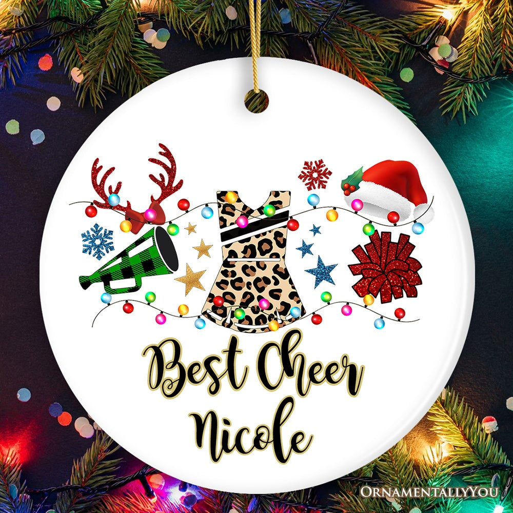 Personalized Cheerleader Buffalo Plaid Leopard Merry Christmas Ornament, Cheer Mom Gift