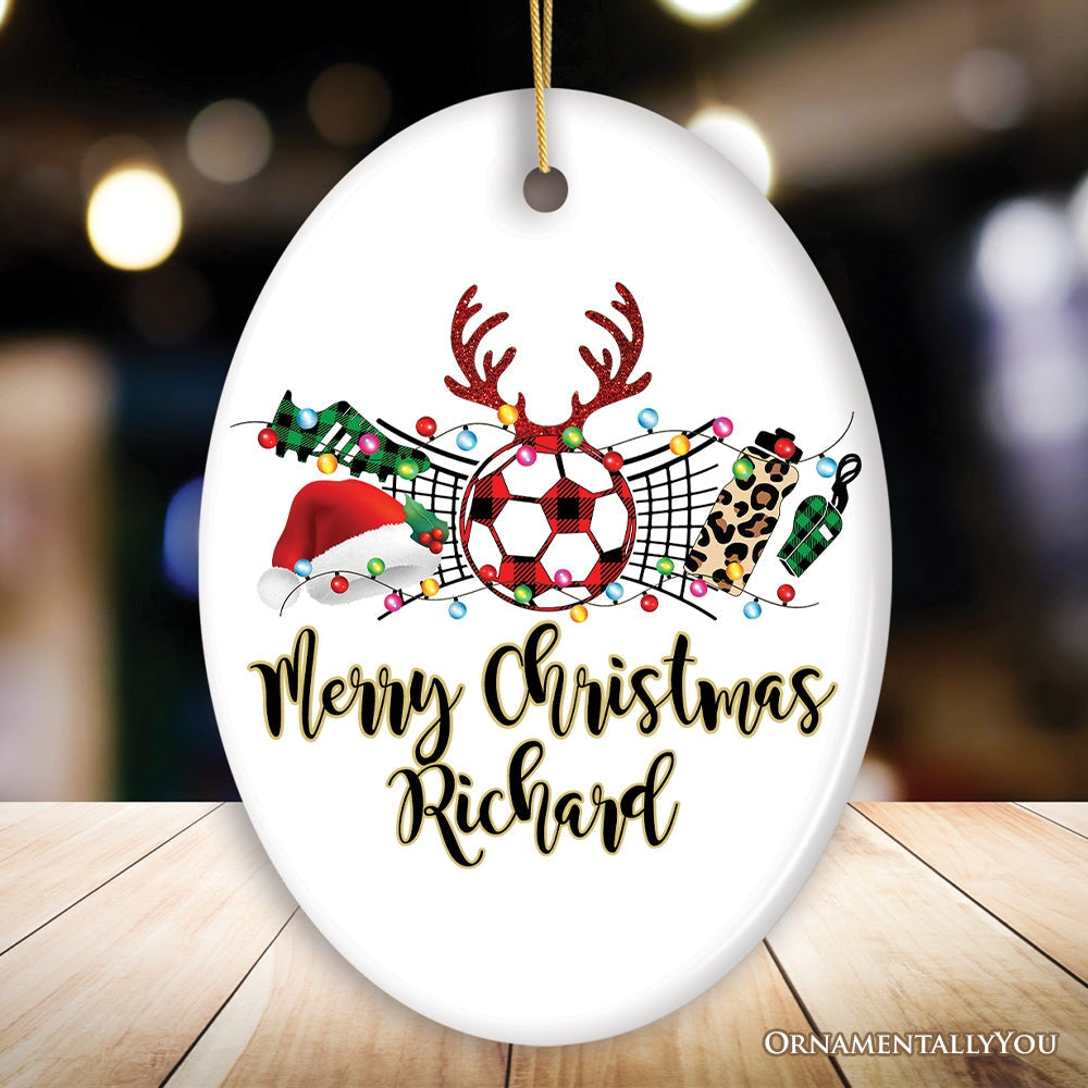 Personalized Soccer Buffalo Plaid Leopard Merry Christmas Ornament, Team and Coaches Gift
