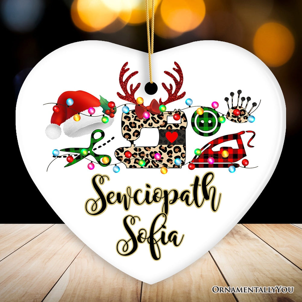 Personalized Sewing Buffalo Plaid Leopard Merry Christmas Ornament, Clothing Stylist Gift