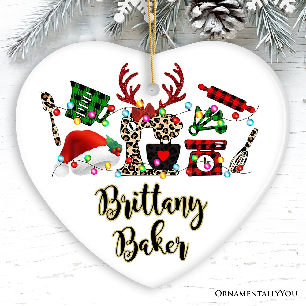 Personalized Baker Buffalo Plaid Leopard Merry Christmas Ornament, Baking Gift