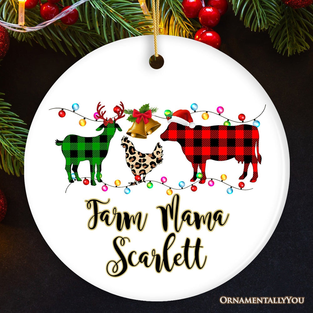 Personalized Farm Animal Buffalo Plaid Leopard Merry Christmas Ornament, Farmhouse Gift