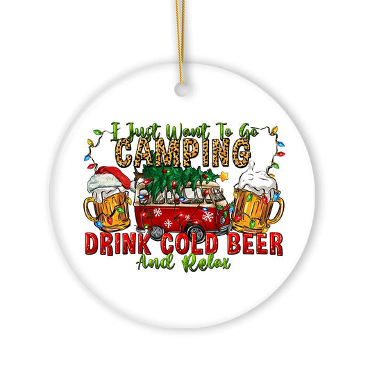 Festive Camping Lover Christmas Ornament, Holiday RV Camper and Beer Lover Gift
