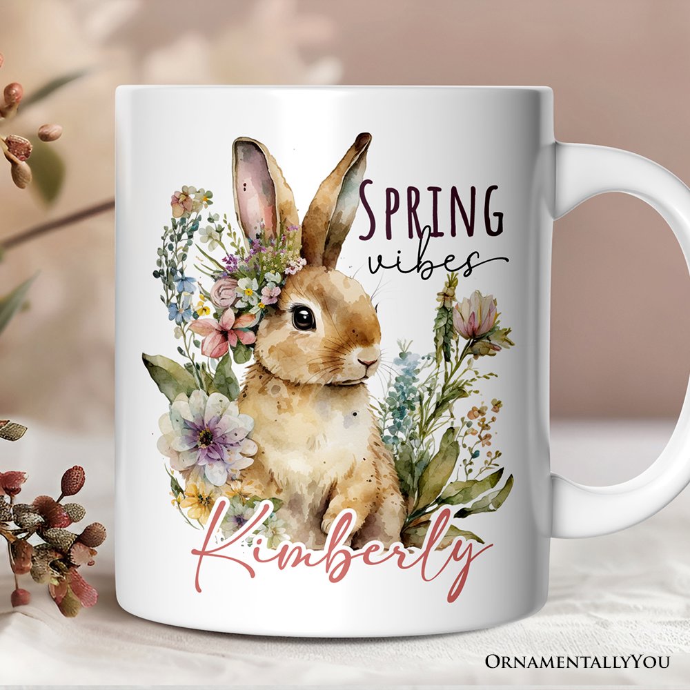 Artistic Watercolor Spring Vibes Personalized Mug, Floral Bunny Custom Gift with Name