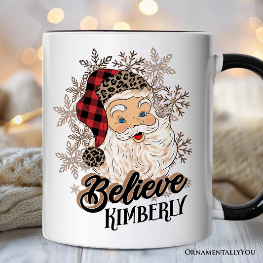 Believe Santa Buffalo Plaid Personalized Mug, Retro Christmas Gift with Custom Name