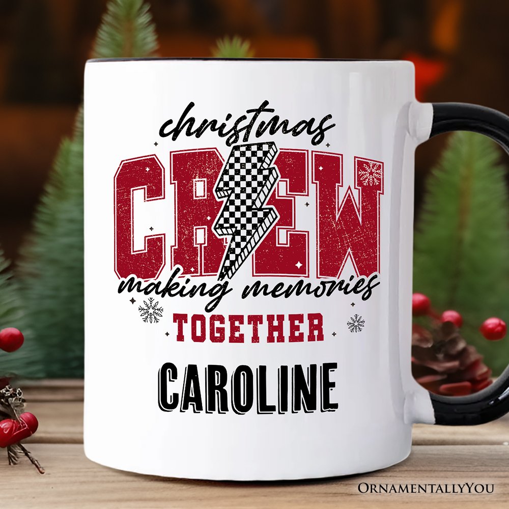 Christmas Crew Making Memories Together Personalized Mug, Checkered Lightning Retro Holiday Gift with Custom Name