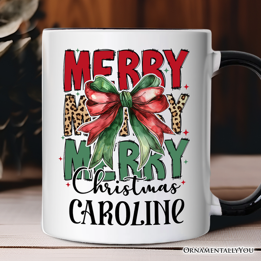 Coquette Merry Christmas Bow Personalized Mug, Festive Leopard Holiday Gift with Custom Name