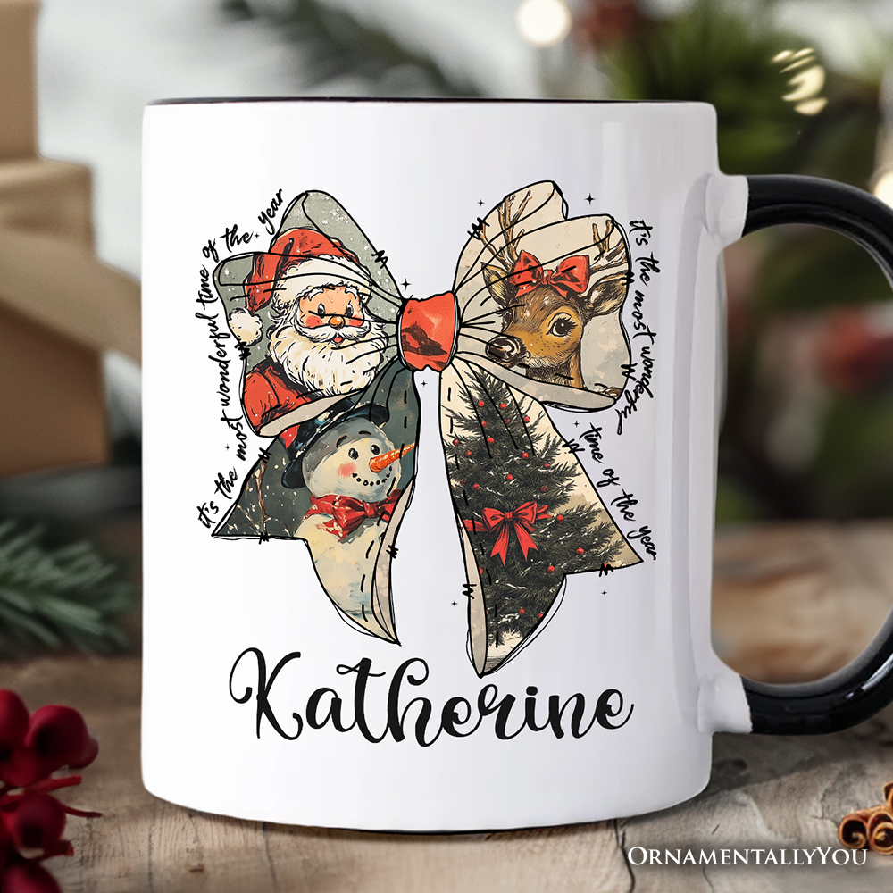 Coquette Christmas Bow Personalized Mug, It's Most Wonderful Time Of The Year Vintage Gift with Custom Name