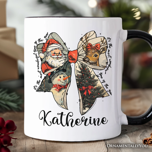 Coquette Christmas Bow Personalized Mug, It's Most Wonderful Time Of The Year Vintage Gift with Custom Name
