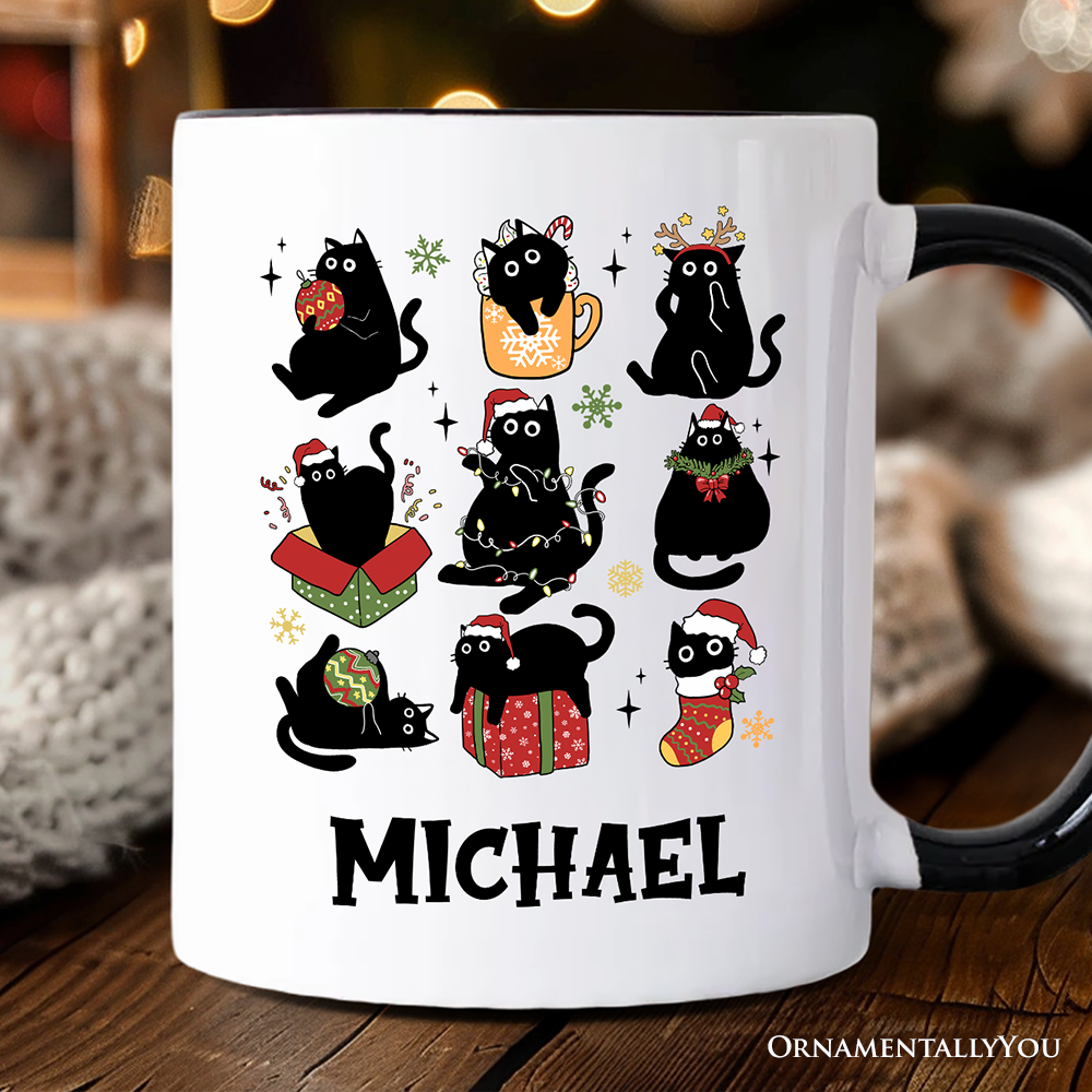 Christmas Black Cats Personalized Mug, Whimsical Cats with Santa Hat Gift with Custom Name