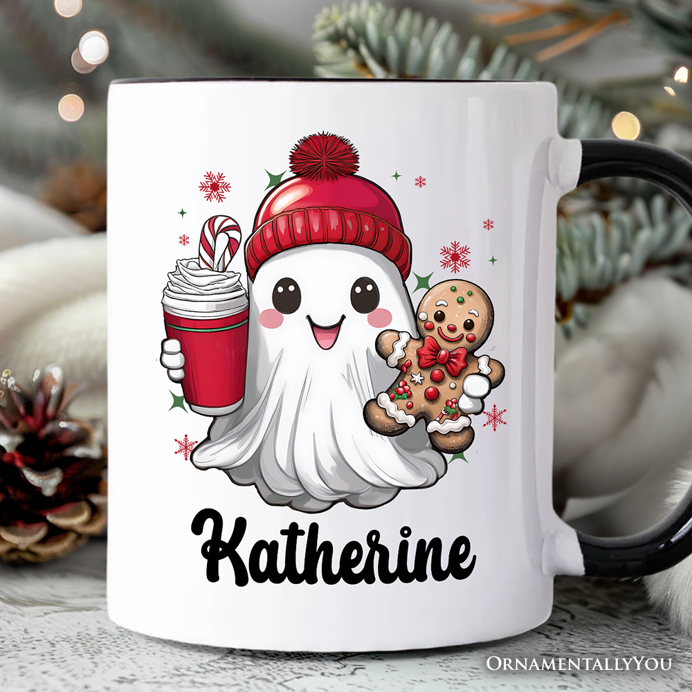 Cute Ghost Christmas Personalized Mug, Adorable Gingerbread and Cocoa Holiday Gift with Custom Name
