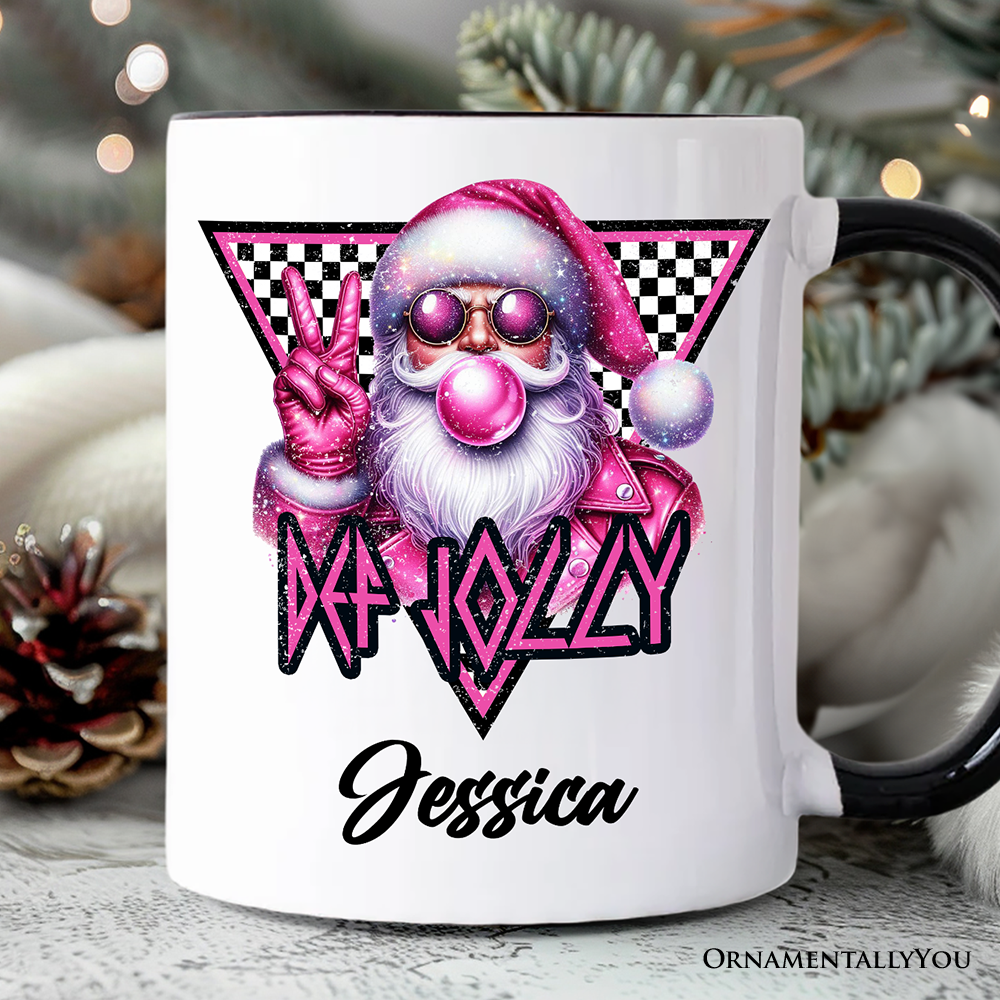 Pink Santa Blowing Bubblegum Personalized Mug, Def Jolly Coquette Retro Christmas Gift with Custom Name