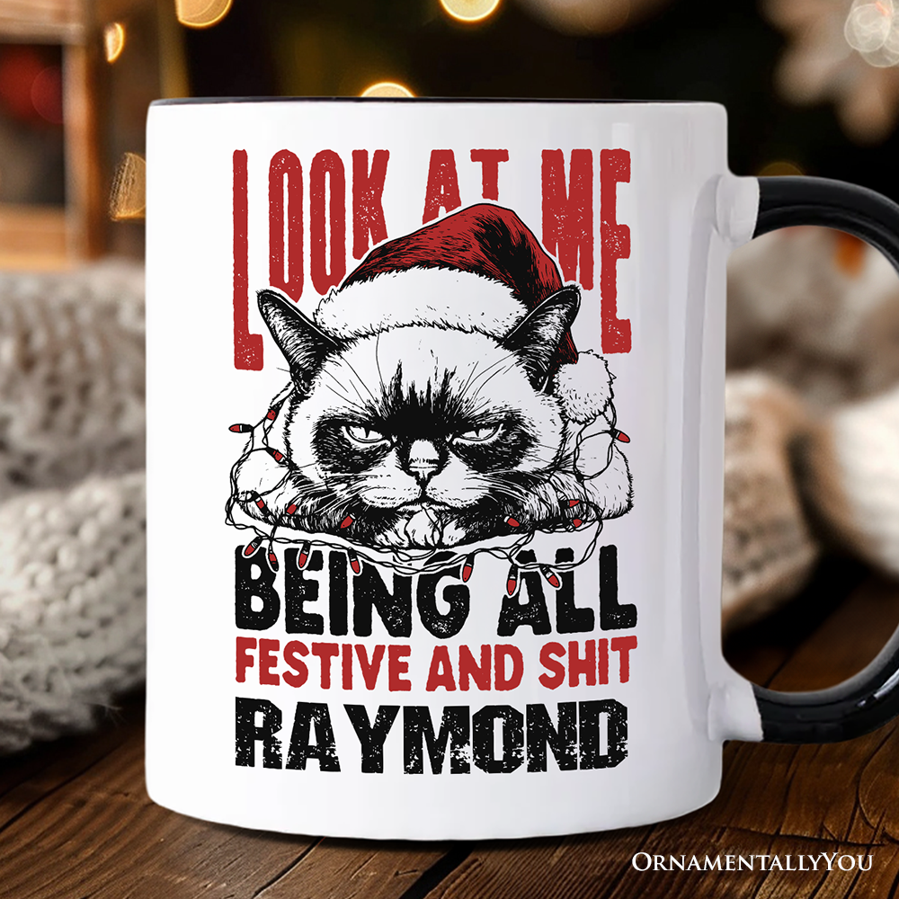 Grumpy Christmas Cat Personalized Mug, Funny Santa Hat Holiday Lights Gift for Sarcastic Festive People with Custom Name