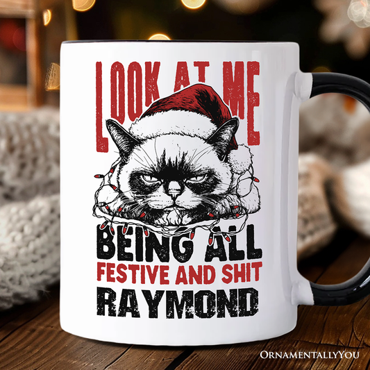 Grumpy Christmas Cat Personalized Mug, Funny Santa Hat Holiday Lights Gift for Sarcastic Festive People with Custom Name