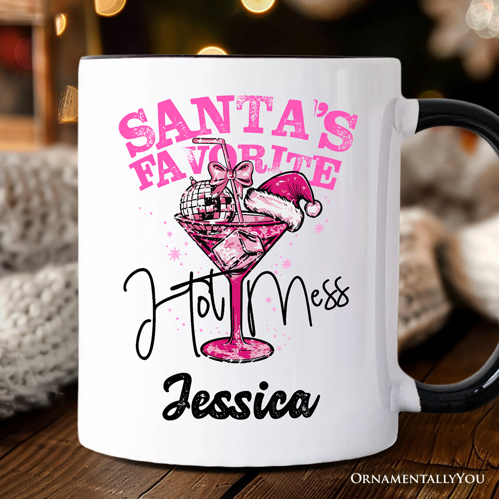 Santa’s Favorite Hot Mess Personalized Mug, Pink Martini Retro Disco Christmas Gift with Custom Name