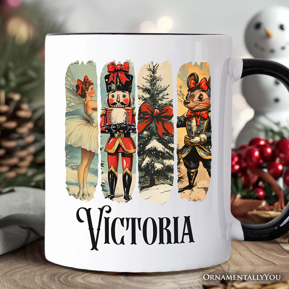 Ballet and Nutcracker Christmas Personalized Mug, Coquette Bow and Mouse Vintage Holiday Gift with Custom Name