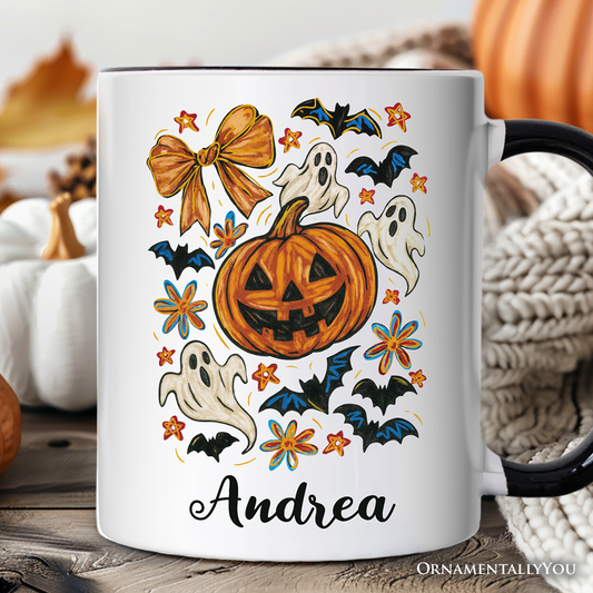Pumpkin Ghosts Coquette Bow Personalized Mug, Retro Fall Spooky Gift with Custom Name