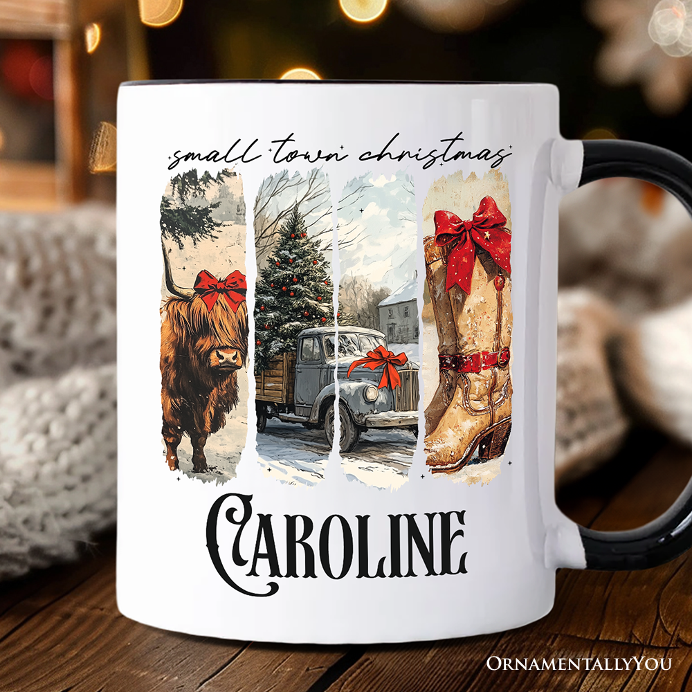Small Town Christmas Personalized Mug, Highland Cow Rustic Western Cowgirl Holiday Gift with Custom Name