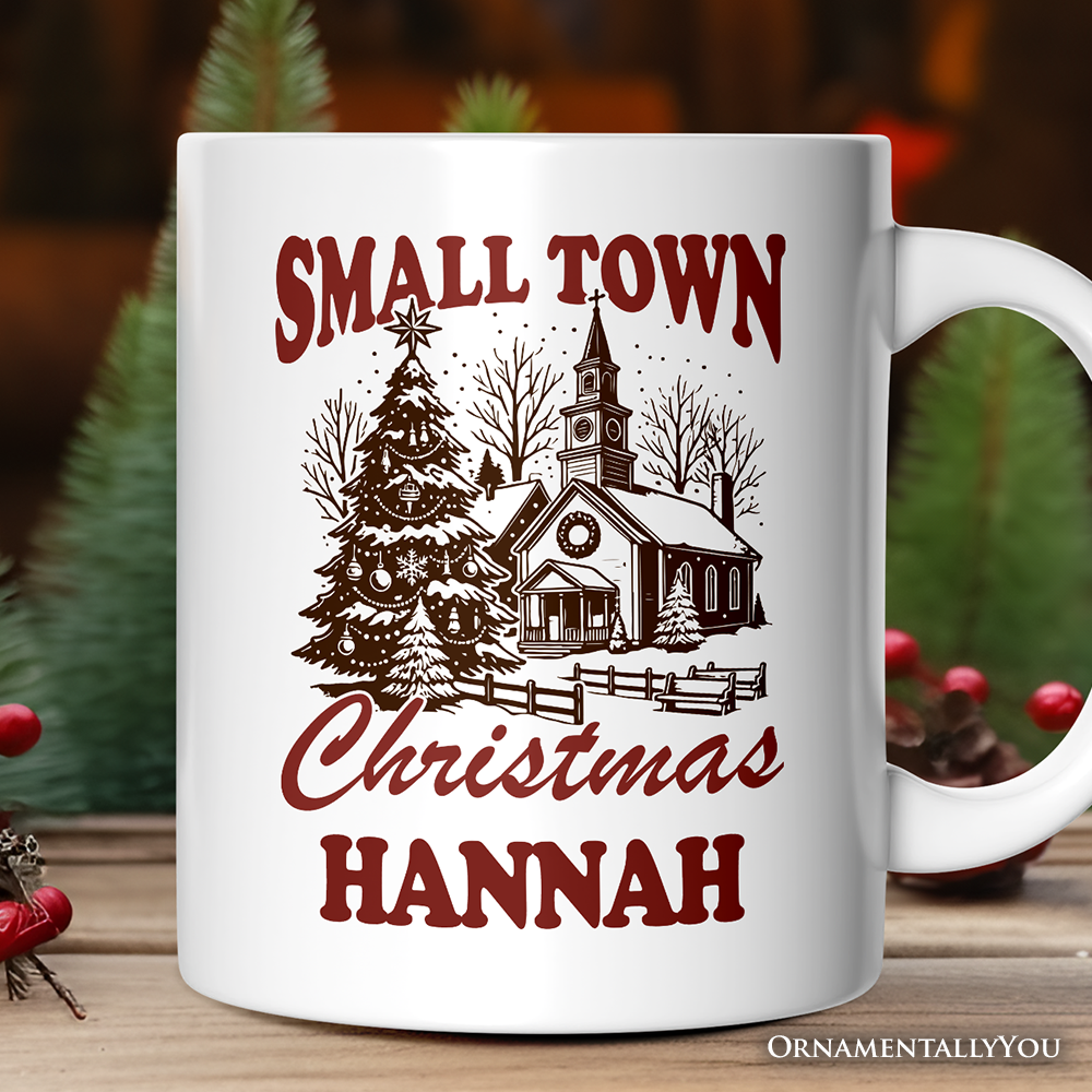 Small Town Christmas Vintage Personalized Mug, Rustic Winter Church Gift with Custom Name