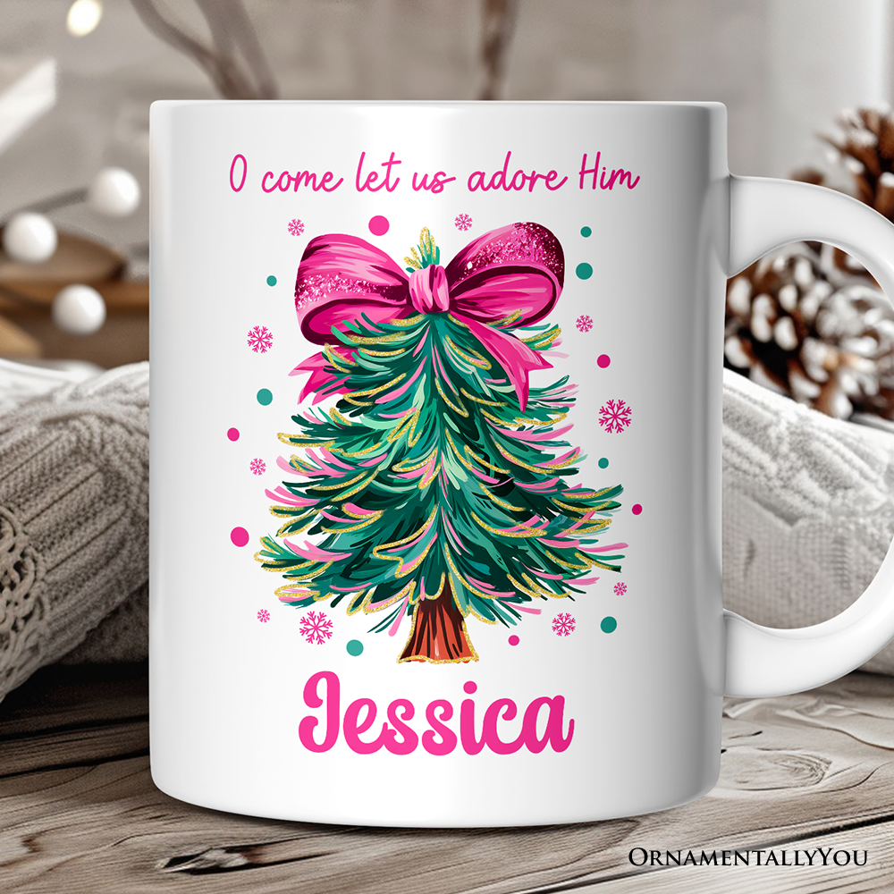 Glitter Christmas Tree Coquette Bow Personalized Mug, O Come Let Us Adore Him Holiday Gift with Custom Name