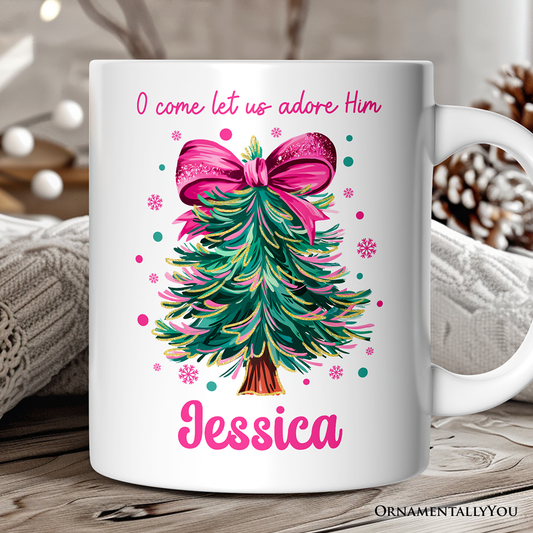 Glitter Christmas Tree Coquette Bow Personalized Mug, O Come Let Us Adore Him Holiday Gift with Custom Name