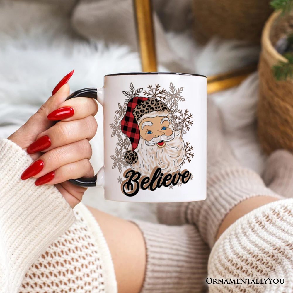 Believe Santa Buffalo Plaid Personalized Mug, Retro Christmas Gift with Custom Name