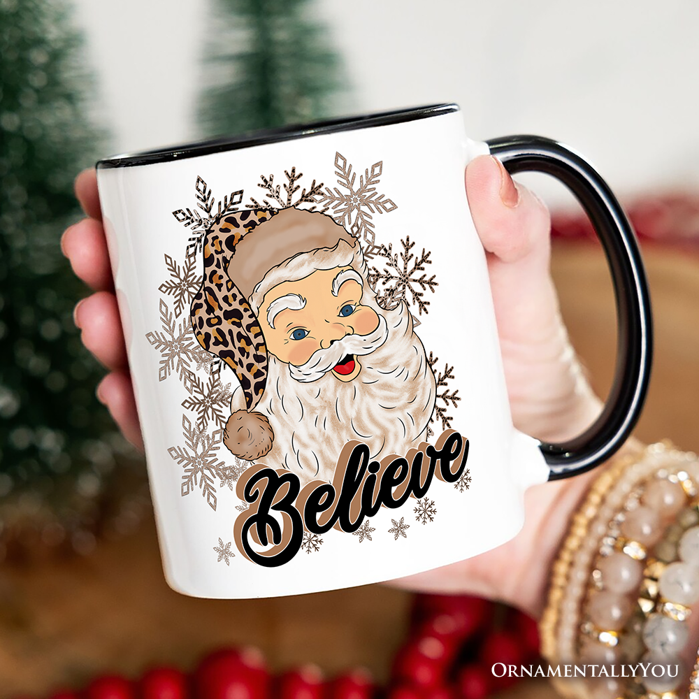 Believe Santa Cheetah Leopard Personalized Mug, Retro Christmas Gift with Custom Name
