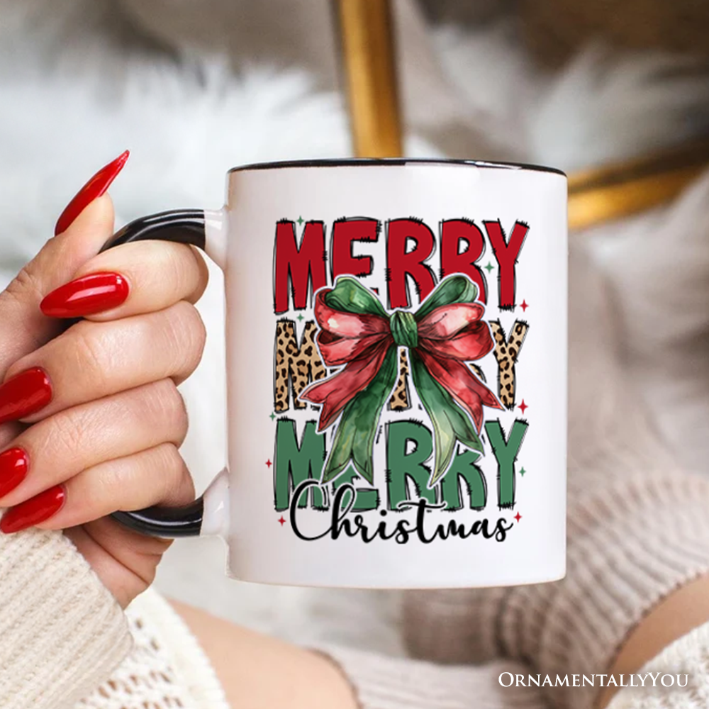 Coquette Merry Christmas Bow Personalized Mug, Festive Leopard Holiday Gift with Custom Name