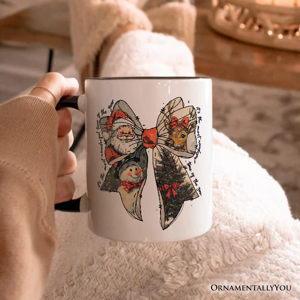 Coquette Christmas Bow Personalized Mug, It's Most Wonderful Time Of The Year Vintage Gift with Custom Name