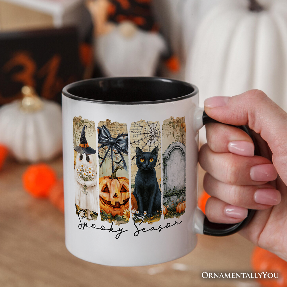 Fall Spooky Season Brushstroke Personalized Mug, Coquette Vintage Ghost, Cat and Pumpkin Gift with Custom Name