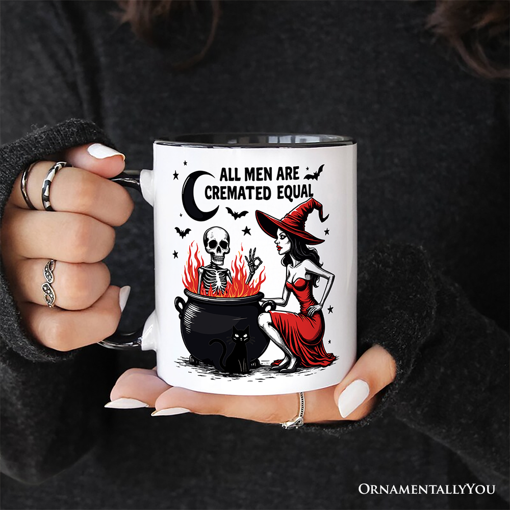 All Men Are Cremated Equal Halloween Personalized Mug, Funny Witch Cauldron Gift with Custom Nam