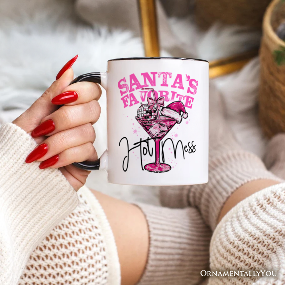 Santa’s Favorite Hot Mess Personalized Mug, Pink Martini Retro Disco Christmas Gift with Custom Name