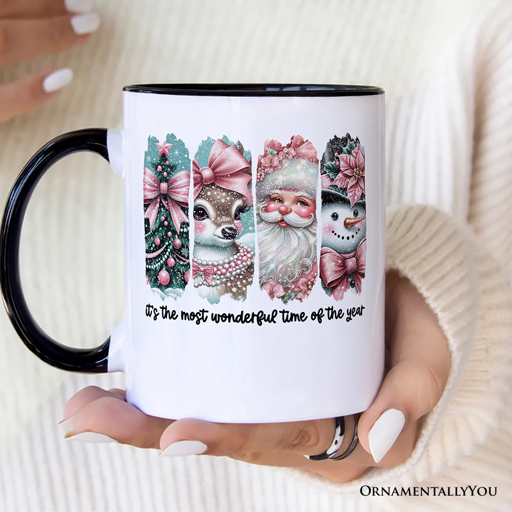 Coquette Pink Christmas Personalized Mug, It's The Most Wonderful Time Of The Year Vintage Gift with Custom Name