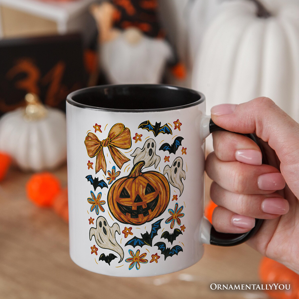 Pumpkin Ghosts Coquette Bow Personalized Mug, Retro Fall Spooky Gift with Custom Name