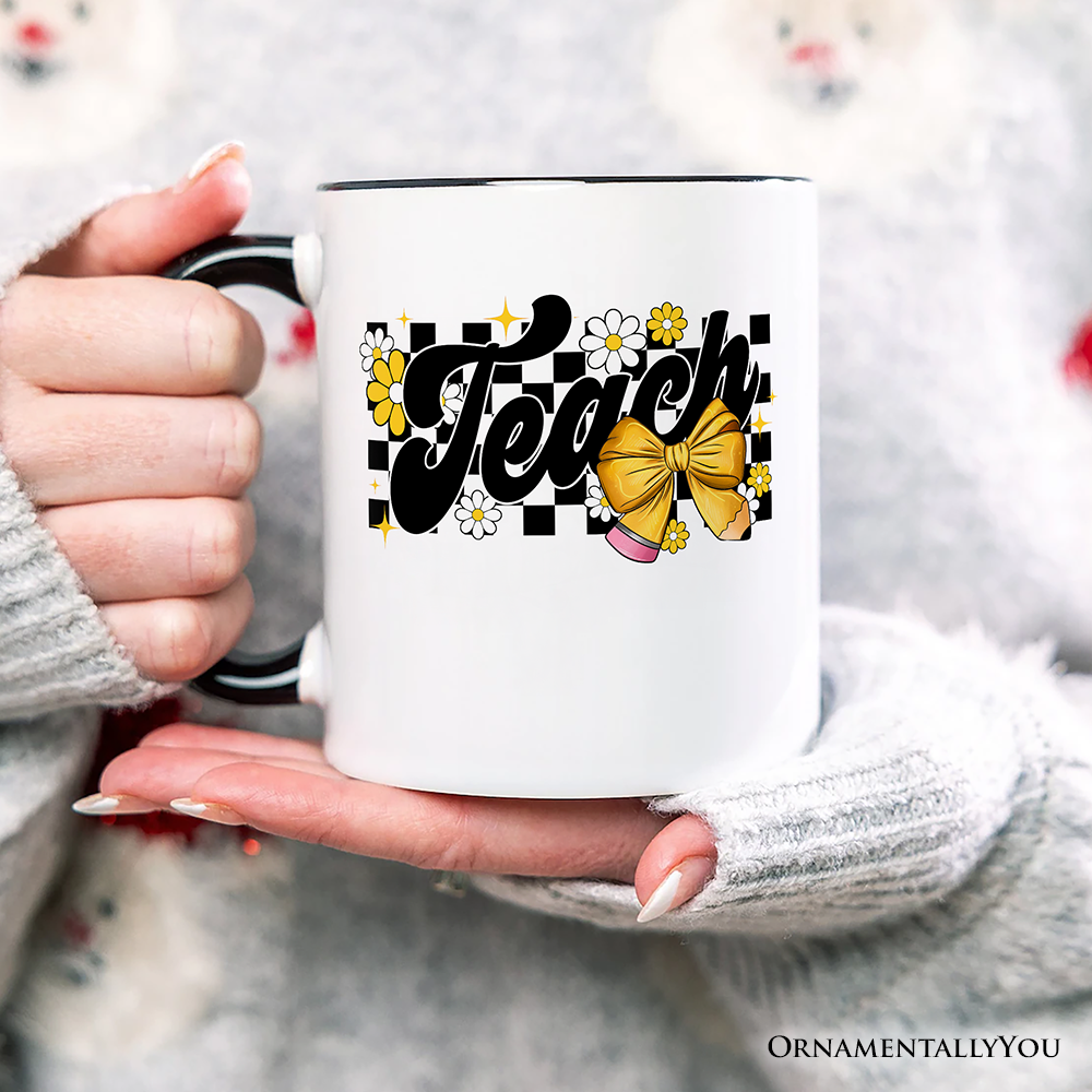Teach Checkered Coquette Bow Personalized Mug, Retro Gift for Trendy Teachers with Custom Name