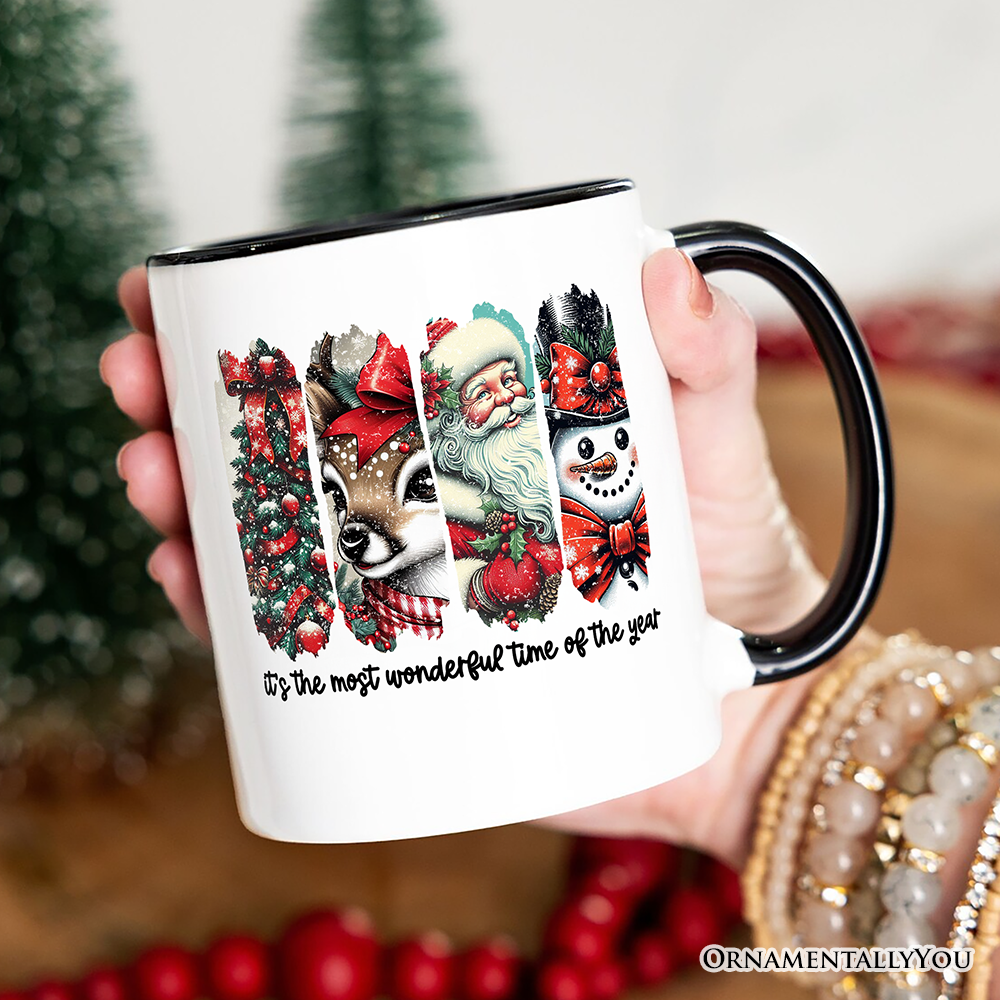It's the Most Wonderful Time of The Year Personalized Mug, Reindeer, Santa, Snowman Vintage Gift with Custom Name