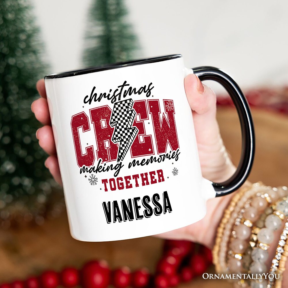 Christmas Crew Making Memories Together Personalized Mug, Checkered Lightning Retro Holiday Gift with Custom Name