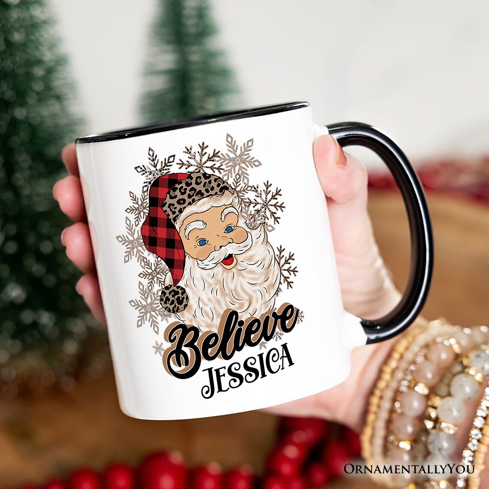Believe Santa Buffalo Plaid Personalized Mug, Retro Christmas Gift with Custom Name