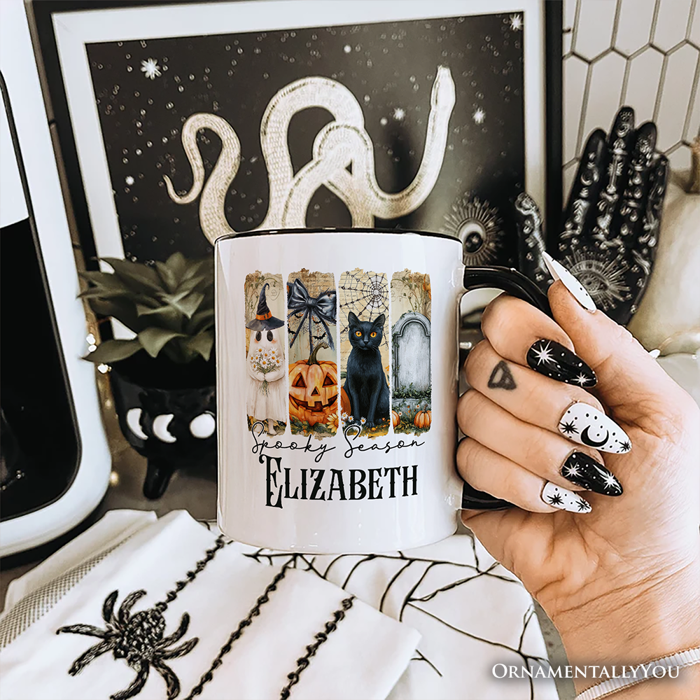 Fall Spooky Season Brushstroke Personalized Mug, Coquette Vintage Ghost, Cat and Pumpkin Gift with Custom Name