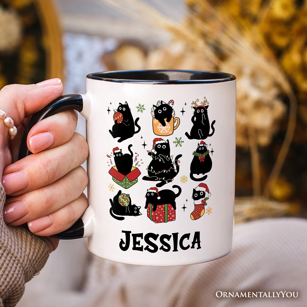 Christmas Black Cats Personalized Mug, Whimsical Cats with Santa Hat Gift with Custom Name
