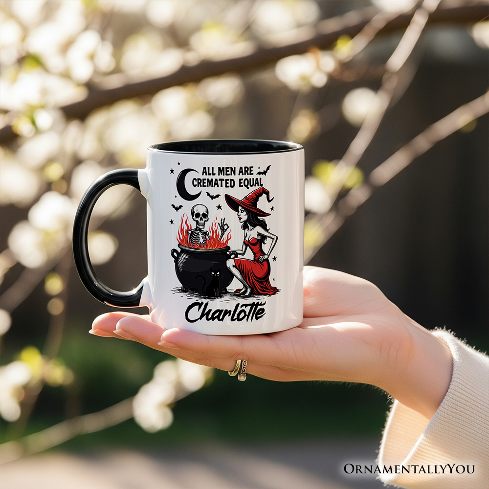 All Men Are Cremated Equal Halloween Personalized Mug, Funny Witch Cauldron Gift with Custom Nam