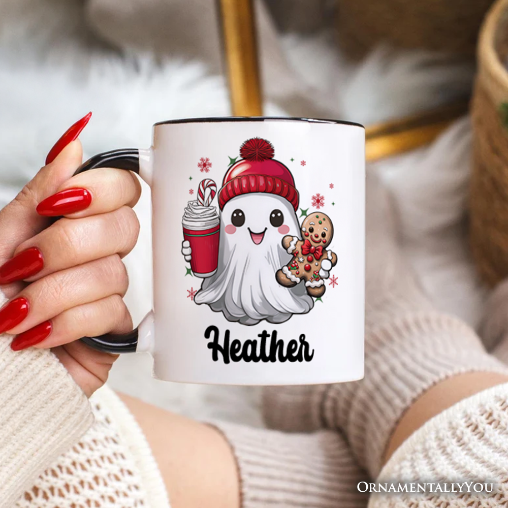 Cute Ghost Christmas Personalized Mug, Adorable Gingerbread and Cocoa Holiday Gift with Custom Name