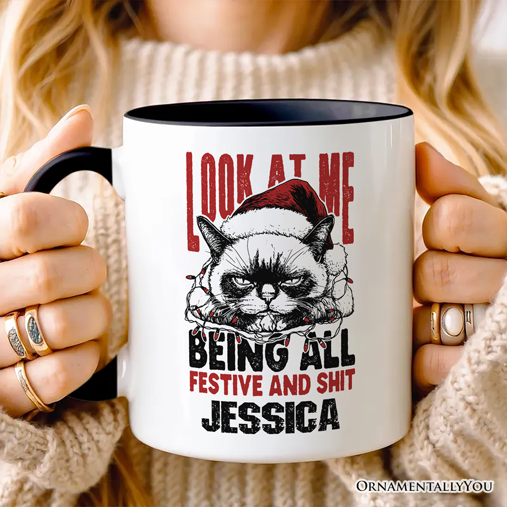 Grumpy Christmas Cat Personalized Mug, Funny Santa Hat Holiday Lights Gift for Sarcastic Festive People with Custom Name