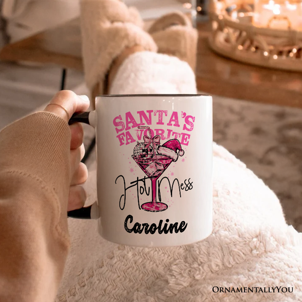 Santa’s Favorite Hot Mess Personalized Mug, Pink Martini Retro Disco Christmas Gift with Custom Name