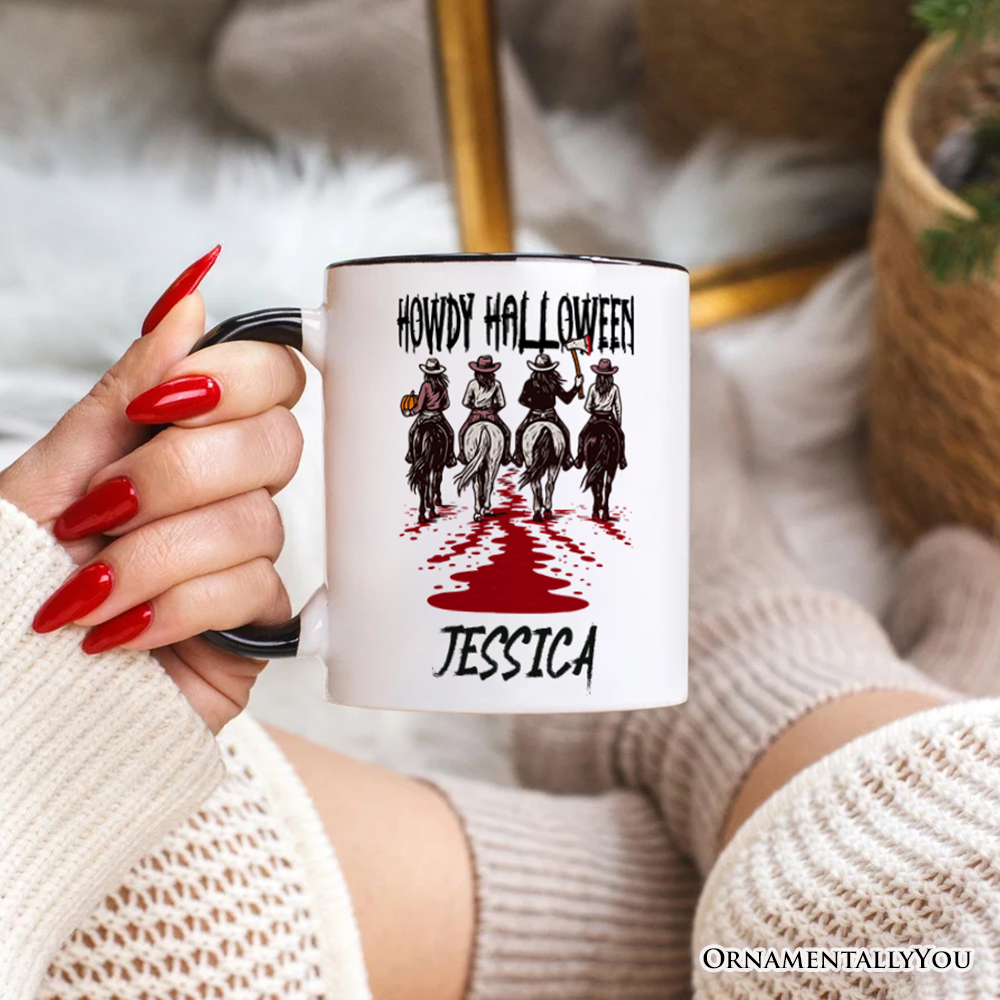 Howdy Halloween Cowgirl Women Personalized Mug, Empowered Western Spooky Gift with Custom Name