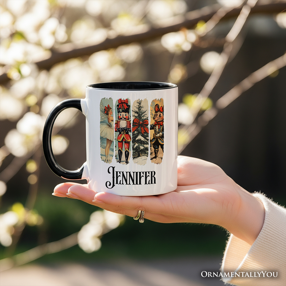 Ballet and Nutcracker Christmas Personalized Mug, Coquette Bow and Mouse Vintage Holiday Gift with Custom Name